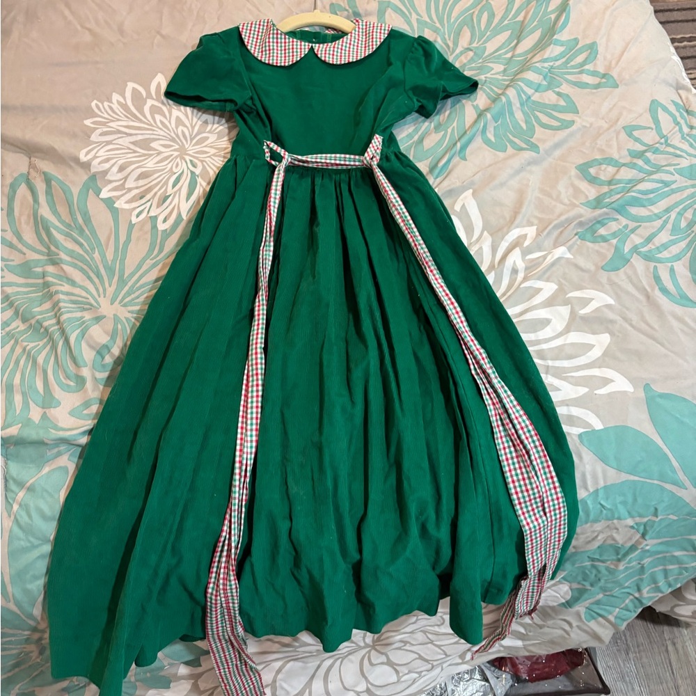 Green Plaid-Trim Kids Casual Dress